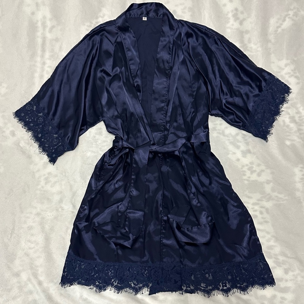Navy Blue Lace Trim Bridesmaid Robe with Belt & Pockets